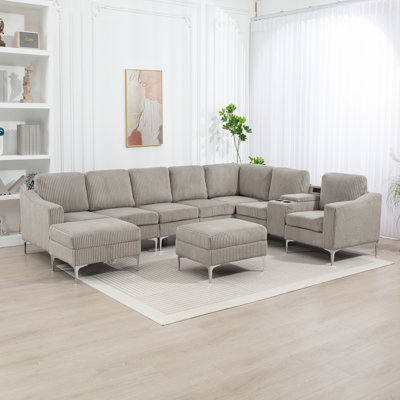Canapé modulaire convertible en velours côtelé avec repose-pieds, porte-gobelets, ports USB pour le salon