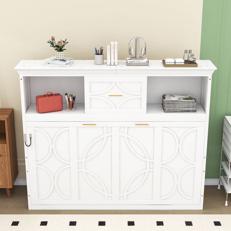 Lit escamotable 1 place en bois avec station de charge et tablettes, Blanc