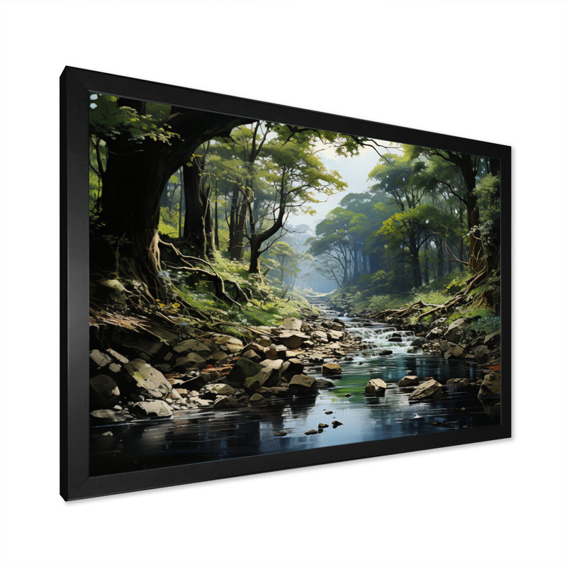«Gentle River Through Country Charm Forest», art mural forêt fluviale, Cadre simple noir, H 30 po x l 40 po x P 1,5 po