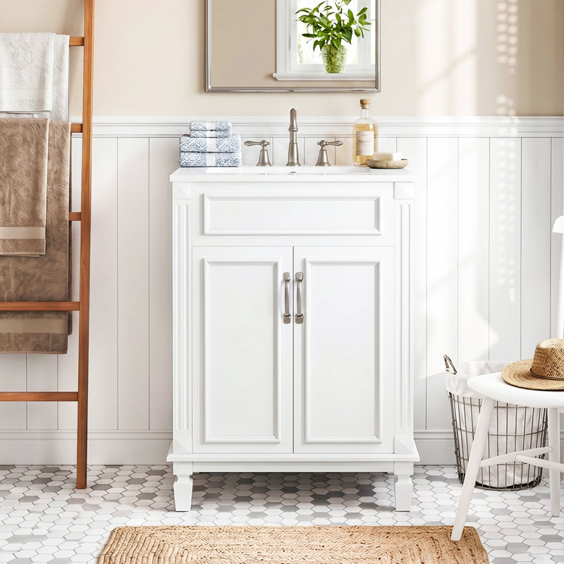 Meuble-lavabo autoportant 24 po en bois d'hévéa massif et panneau de fibres à densité moyenne, armoire blanche avec 2 portes à fermeture douce et tablette réglable, lavabo intégré en céramique blanc brillant, quincaillerie d'armoire complète assortie