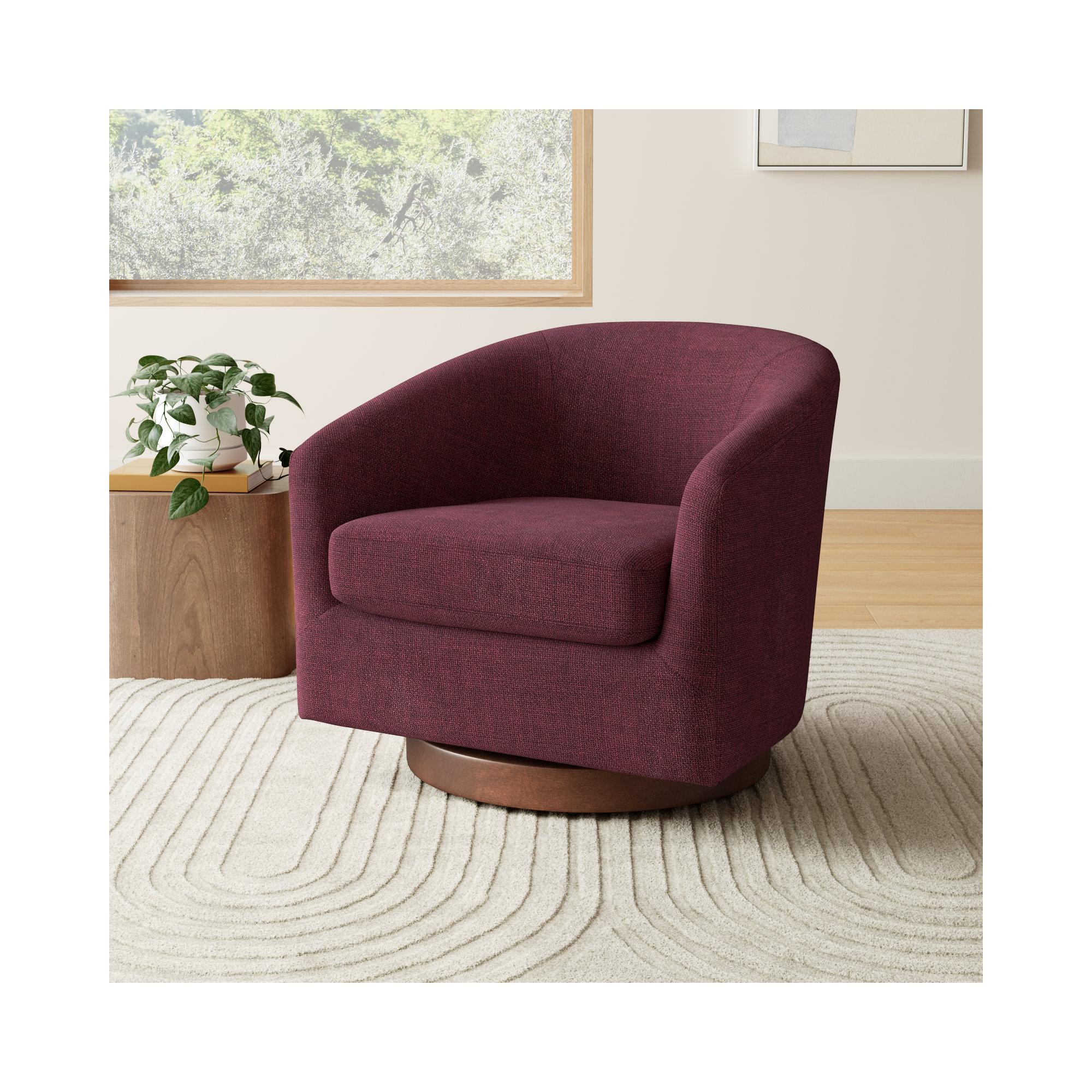 Bennett Upholstered Swivel Barrel Chair, Luna Merlot Textured