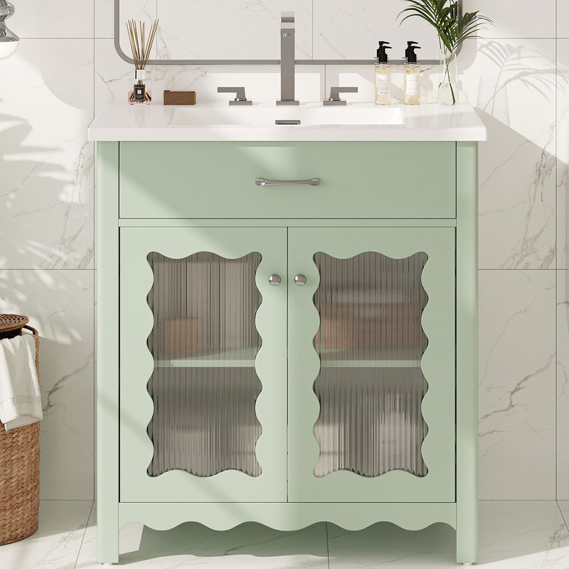Meuble-lavabo de 31 po avec verre trempé, armoire de salle de bain moderne avec pieds en bois d'hévéa et portes à fermeture en douceur