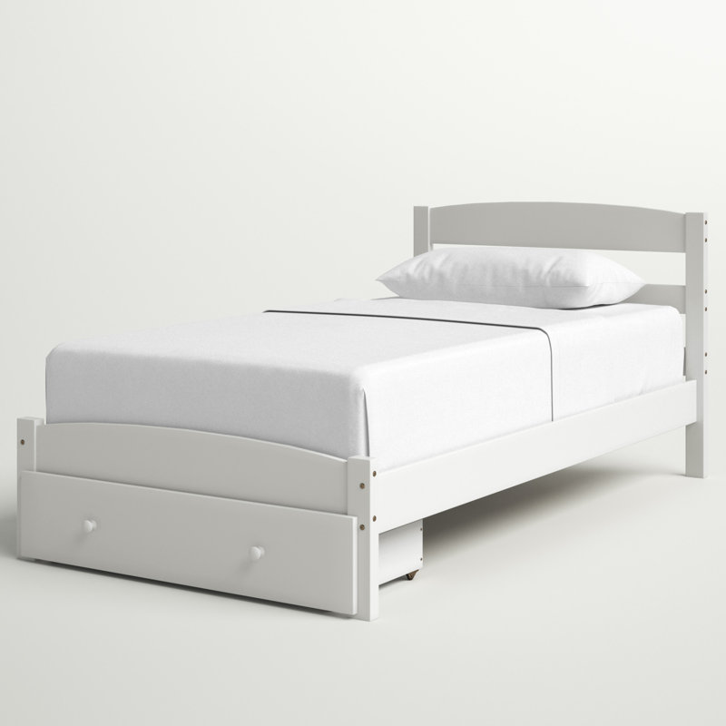 Structure de lit plateforme simple avec tiroir de rangement et support en lattes de bois sans sommier, Blanc