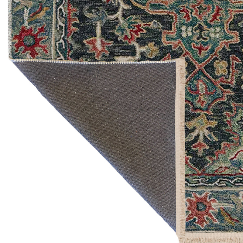 Tapis décoratif rétro multicolore à motifs foncés et à motifs frangés, Rectangle 5 pi 1,02 po x 7 pi 6,55 po