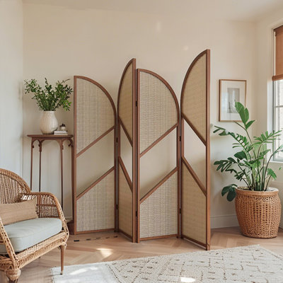 4 Panels Nut-brown Solid Wood+Rattan Folding Room Divider