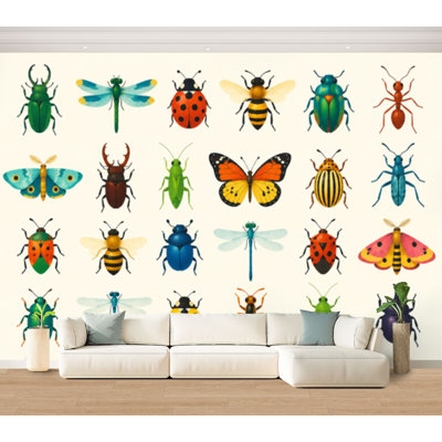 Papier peint adhésif autocollant, ensemble détaillé d'insectes, y compris des coccinelles, des libellules, des abeilles et des fourmis, papier autocollant amovible pour décoration murale