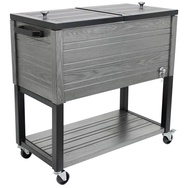 Permasteel 80-Qt Outdoor Rolling Patio Cooler on Wheels Woodgrain Style, Gray, Without Divider