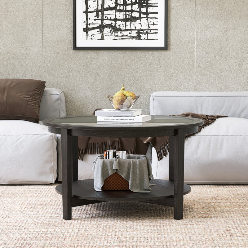 Table basse ronde à double couche en bois massif avec plateau en verre trempé