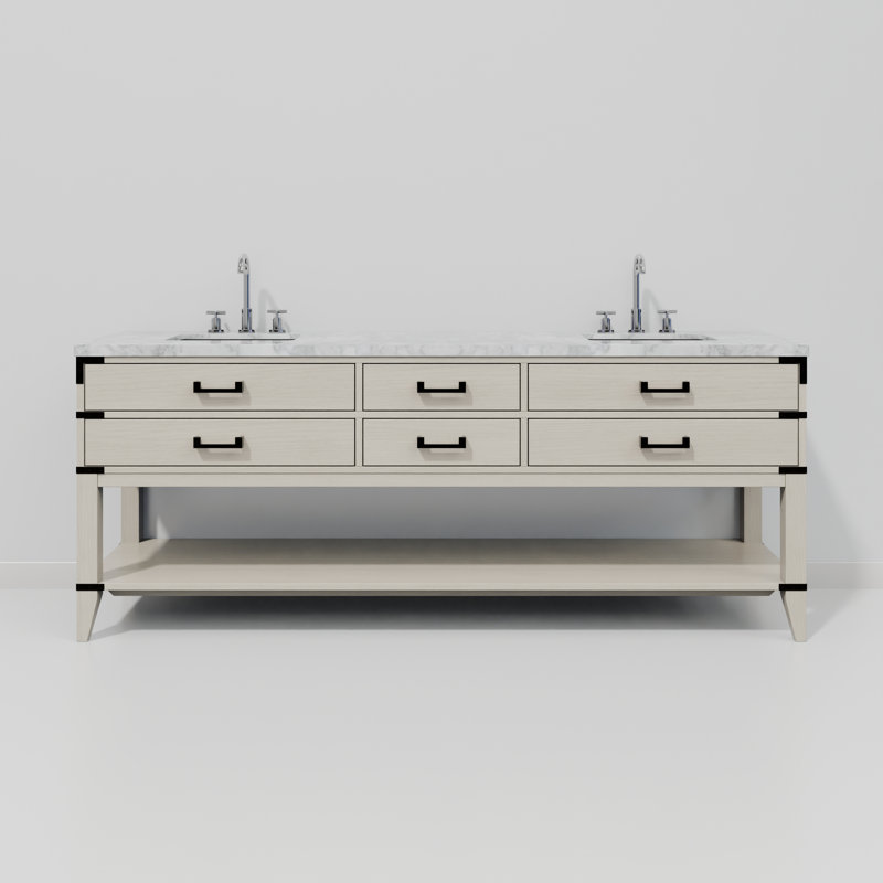 84" Double Bathroom Vanity Set, White Carrara Marble, White Oak