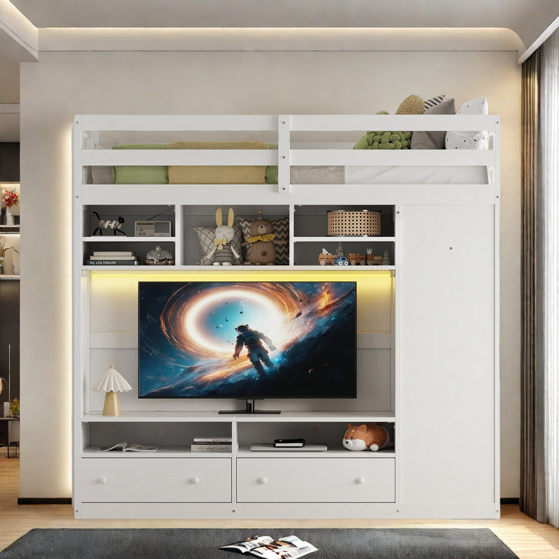 Lit mezzanine double avec tiroirs et tablettes, Blanc
