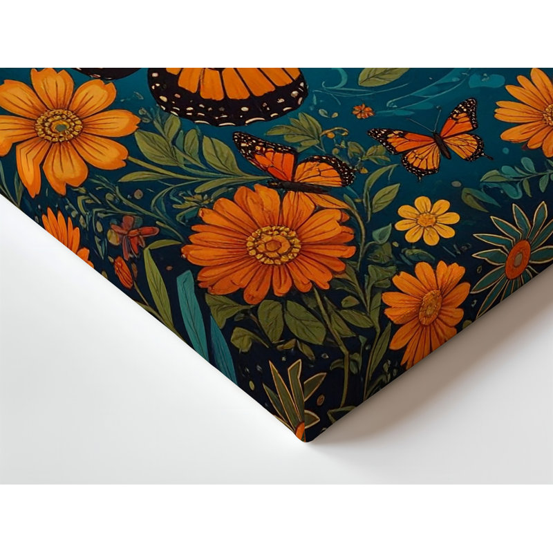 Une composition vibrante mettant en vedette des papillons monarques sur fond floral stylisé, l'art mural de qualité supérieure prêt à être accroché