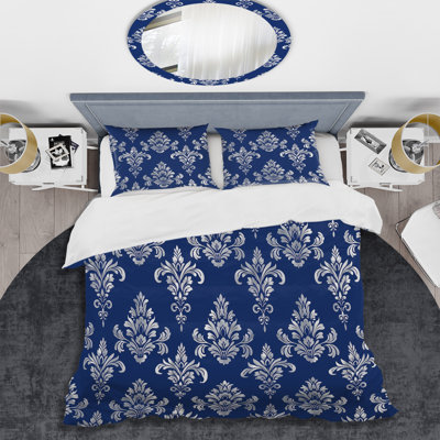 Ensemble de housse de couette transitionnel bleu et blanc intemporel Damask Art II