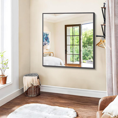 Miroir de salle de bain noir, miroir carré de 36 po x 36 po pour évier, miroir mural décoratif moderne pour salle de bain de chambre à coucher, suspension horizontale / verticale