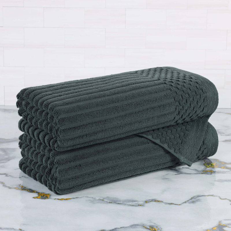 Ruvins Cotton Highly Absorbent Solid and Checkered Border Bath Towel Set, Pine Green
