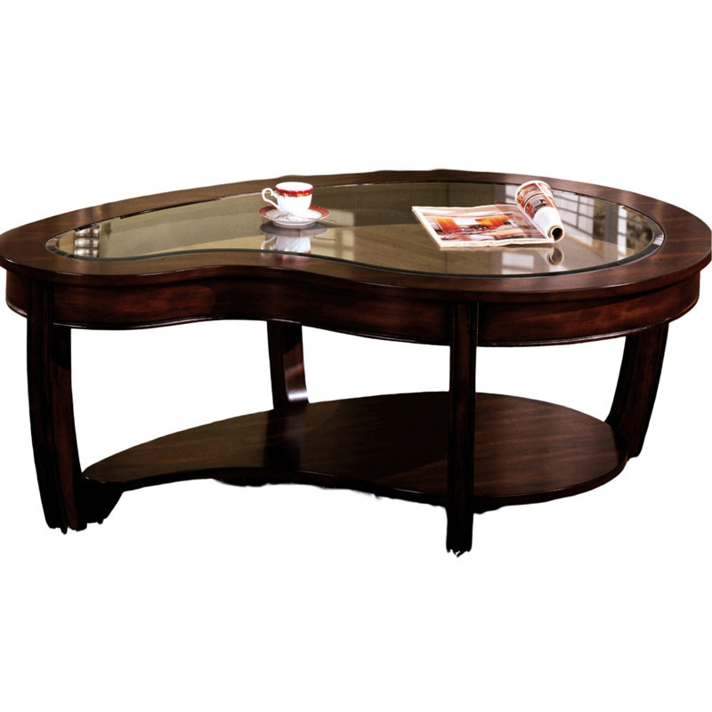 Dark Cherry Coffee Table With Solid Wood And Tempered Glass Open Shelf Contemporary Base Insert