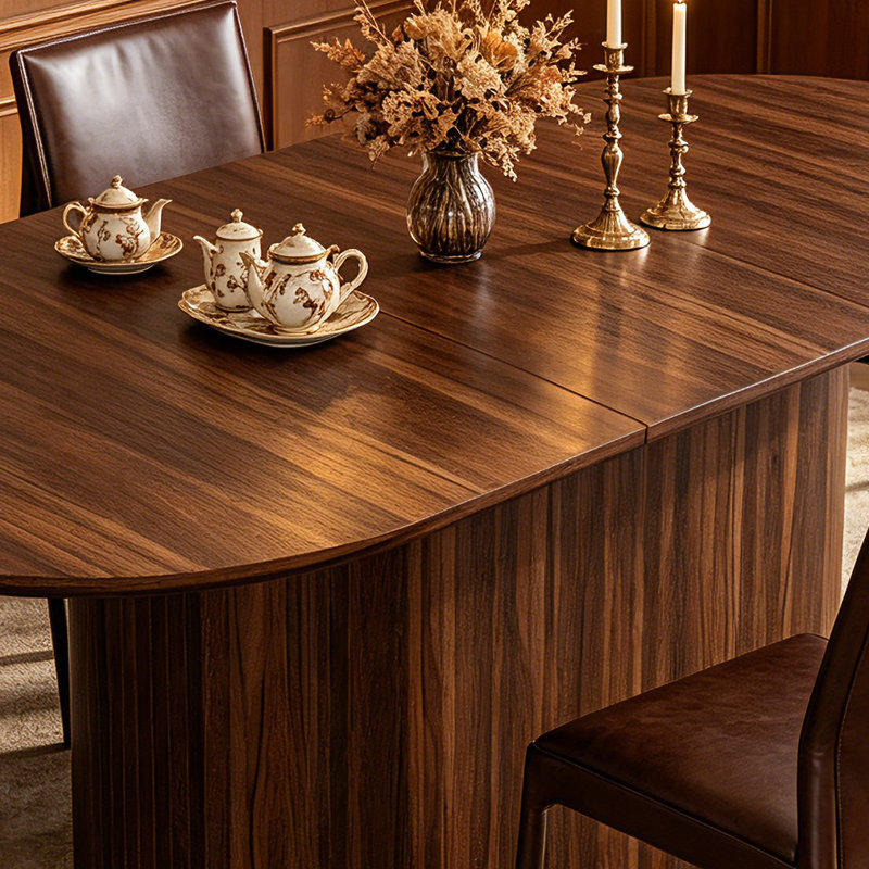 Extendable Walnut Wood Curved Dining Table, 55.2-70.98 Inches, Striped Legs, Suitable For Living Room And Kitchen., Brown