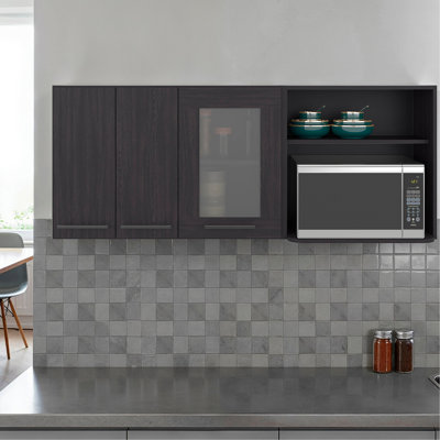 Hasselt Wall-Mounted Kitchen Cabinet Organizer With Microwave Space, 4 Doors, Interior Storage Shelves, Open Shelf, And Built-In Dish Holder