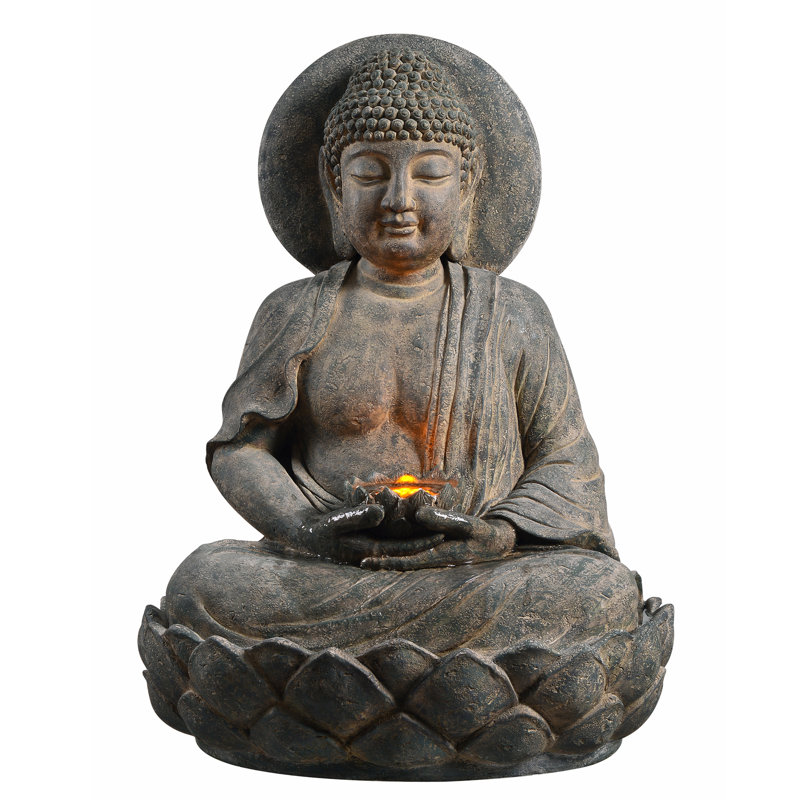 Bruster 28" Outdoor Buddha Water Fountain with LED Lotus Flower and Adjustable Pump – Zen Garden Decor Feature