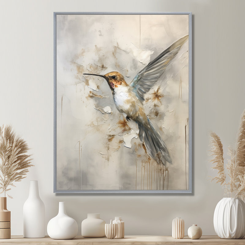 Colibri floral flottant II - Art mural colibri, H 32 po x l 24 po x P 1 po, Silver Floater Framed