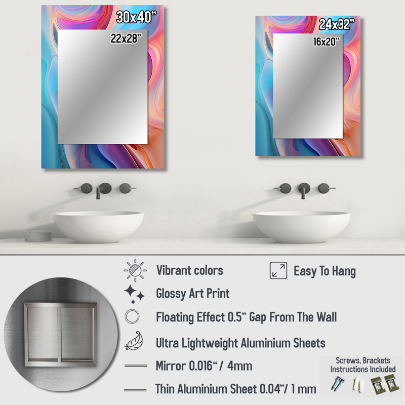 Transitional pink and blue shapes IV - Transitional Shapes Wall Mirror, Pink Decorative Mirror, Printed Metal Art, 40" x 30"