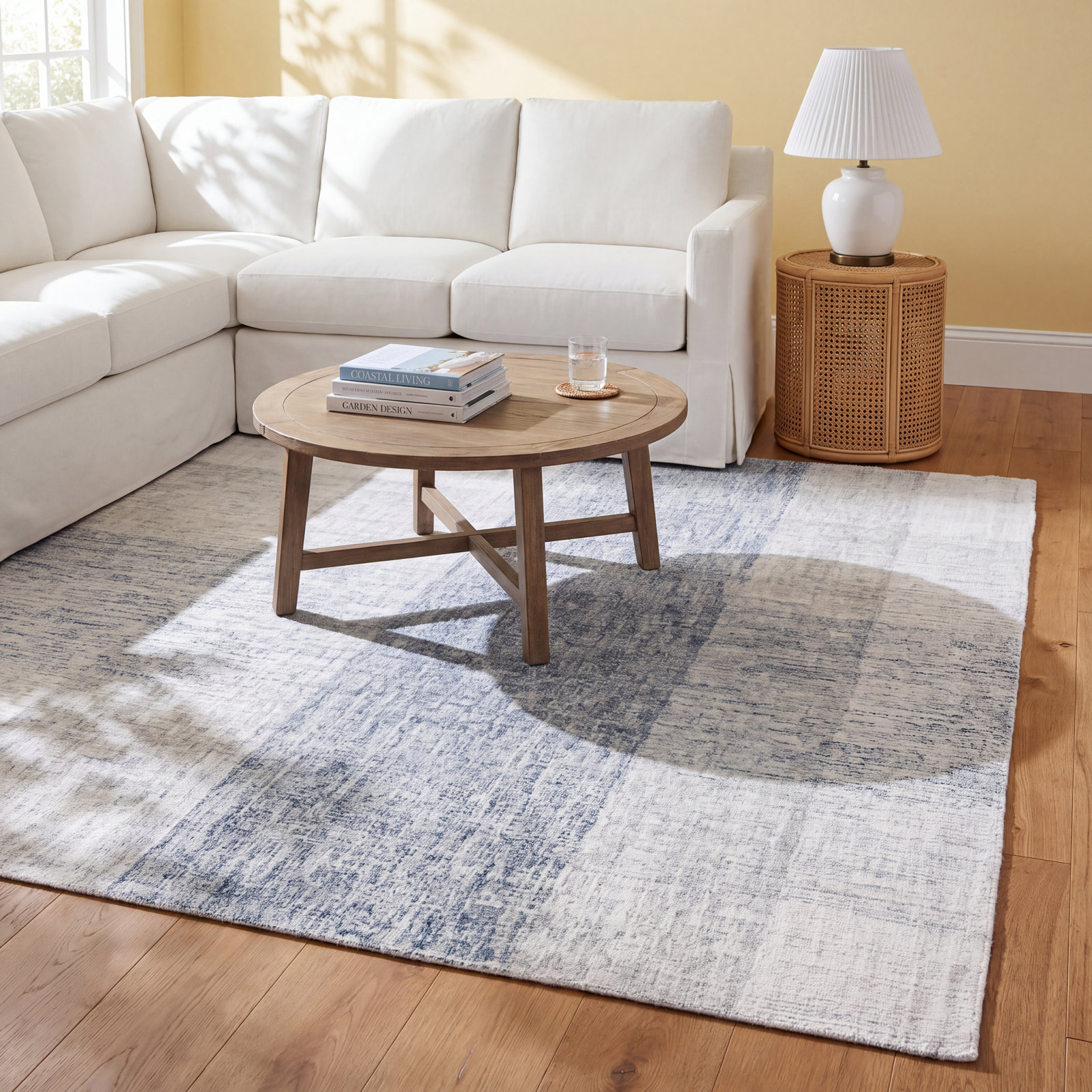 Gray Blue Hand-Tufted Geometric Wool Rug, Square 6'