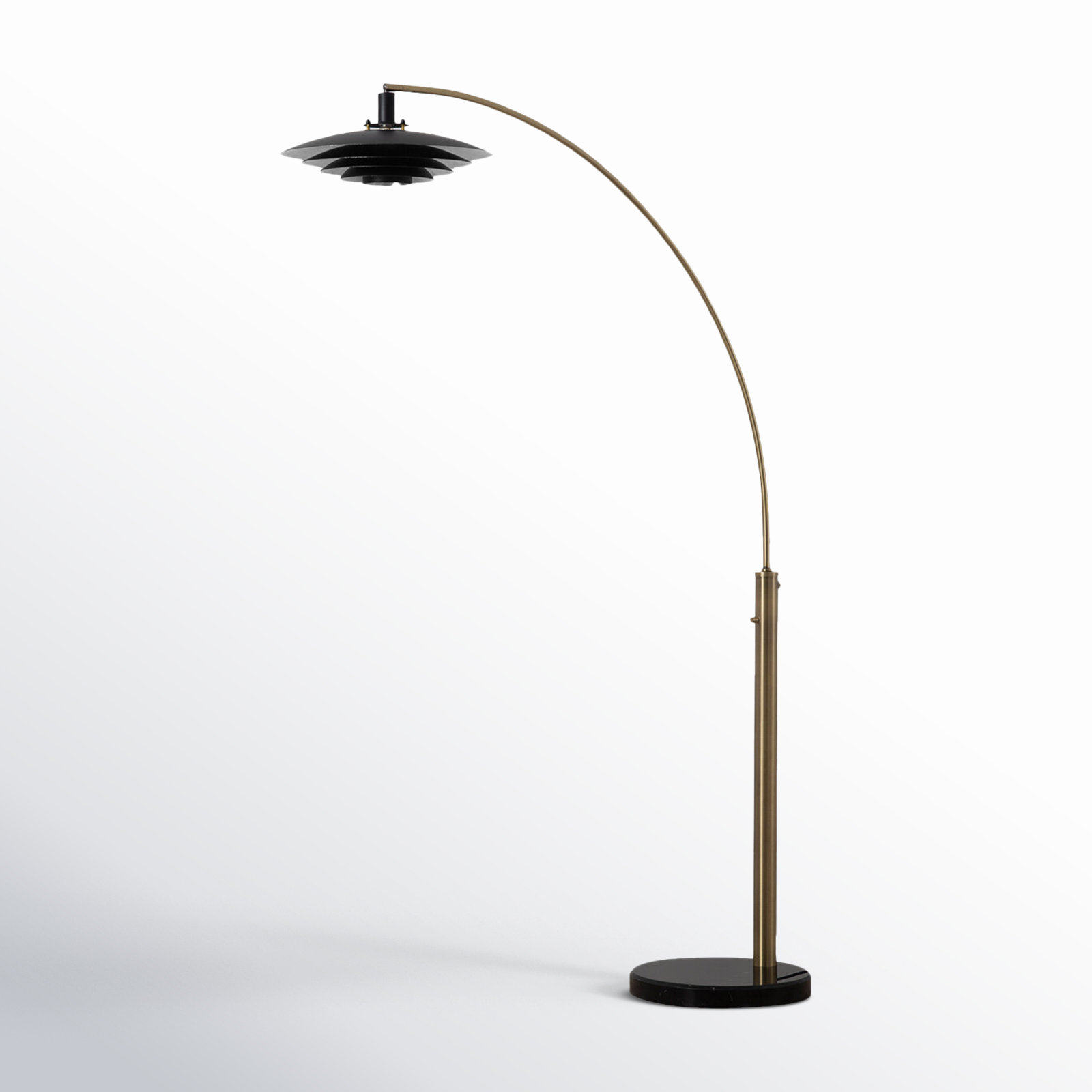 Rancho Mirage 1-Light Mid-Century Modern Arc Floor Lamp – Marble Base, Matte Black Tiered Shade with Hand-Applied Leaf Finish, Dimmer Switch, LED Compatible, Elegant Designer Accent Lighting