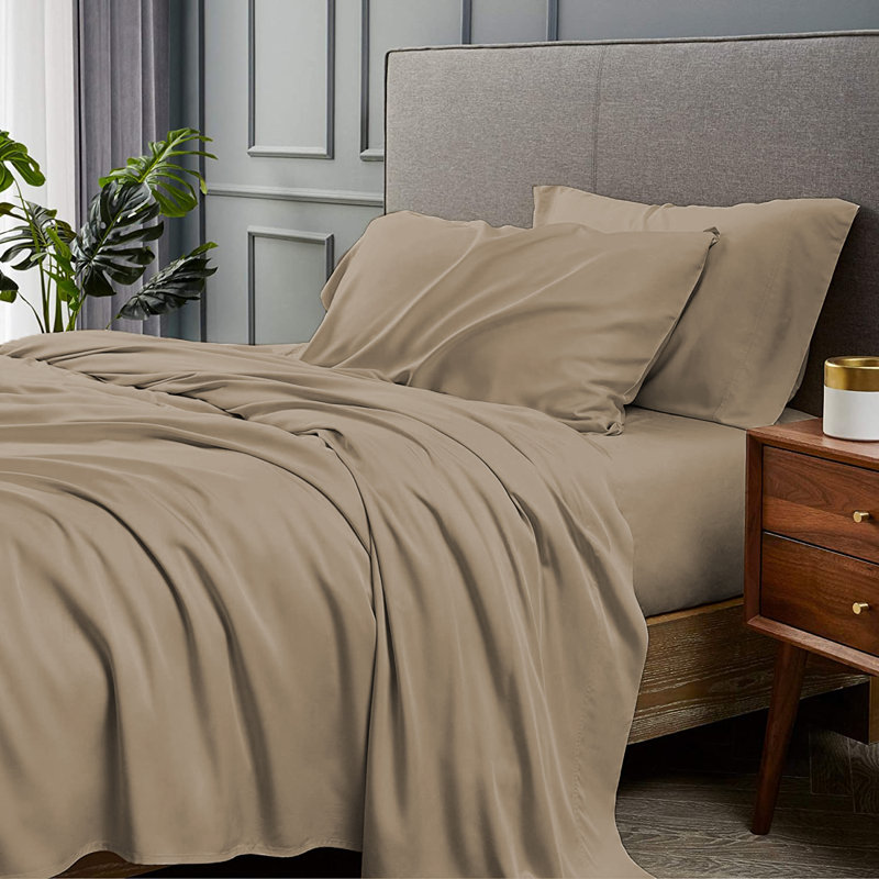 Ensemble de draps 4 pièces en rayonne de bambou, Ensemble de draps très grand californien avec 2 t, Taupe