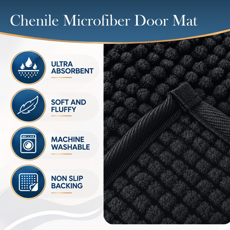 Luxury 100% Microfiber Chenille Door Mat - Soft, Absorbent And Non-Slip Floor Mat, Black, 50 cm x 80 cm