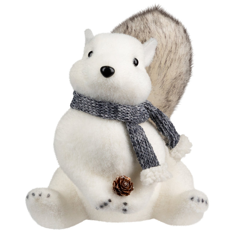 Figurine de Noël écureuil des neiges avec pomme de pin et écharpe - 8,25 po - blanc et noir