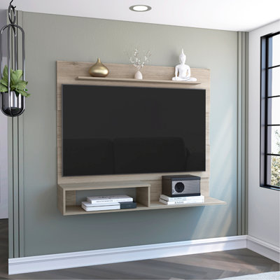 Meuble audio-vidéo flottant pour téléviseur de 55 po ou plus, espace pour la télévision, une tablette supérieure, deux tablettes, pin clair