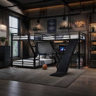 Lit superposé simple au-dessus de L en forme de L avec lit simple mezzanine, lit superposé triple en métal avec glissière et ports USB, conception peu encombrante et silencieuse, noir