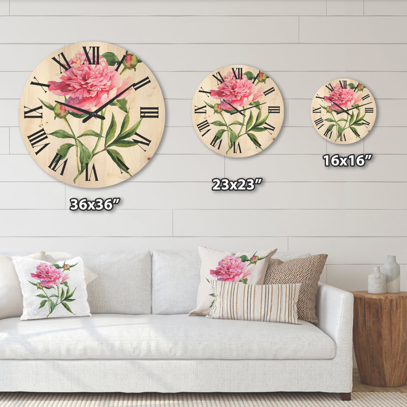 Pivoines roses rétro - Horloge murale traditionnelle en bois, Grand