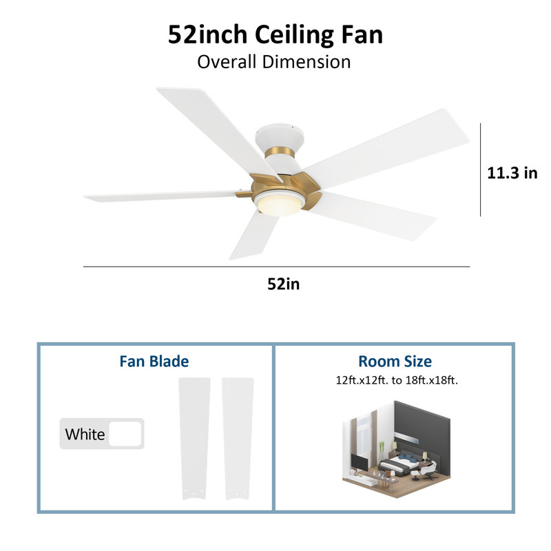 52" Alceu 5 - Blade Flush Mount Smart Ceiling Fan with Light, White/Golden