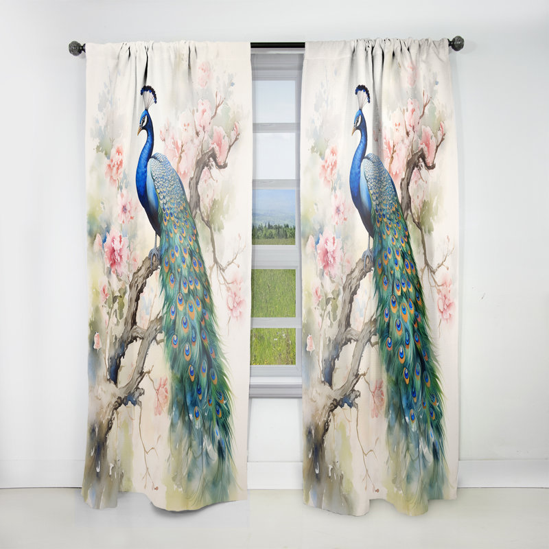 Blue Ink Wash Peacock I - Peacock Curtain - Velvet Room Darkening - 1 Panel, 52" W x 84" L