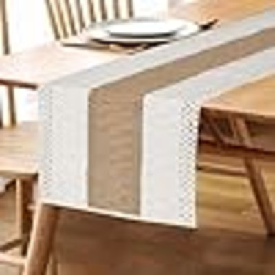 Chemin de table Boho 36 pouces de long (sans pampille) Chemin de table rustique crème et brun en macramé pour la salle à manger (12 X 36 pouces)