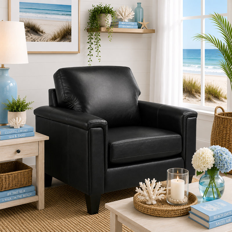 Ensemble de salon en cuir véritable Deboer, 3 Pieces: Sofa, 2 Chair, Match en cuir noir