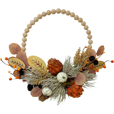 Couronne de perles artificielles en bois d'automne avec des chrysanthèmes, des mini citrouilles et des feuilles d'automne, décoration de porte d'entrée rustique pour les espaces intérieurs et extérieurs, récolte maison de campagne et décoration sai