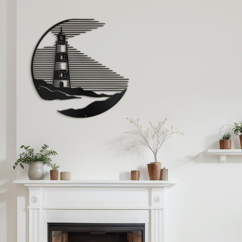 Décoration murale suspendue en métal phare minimaliste moderne abstrait, H 18 po x l 18 po x P 0,05 po, Noir
