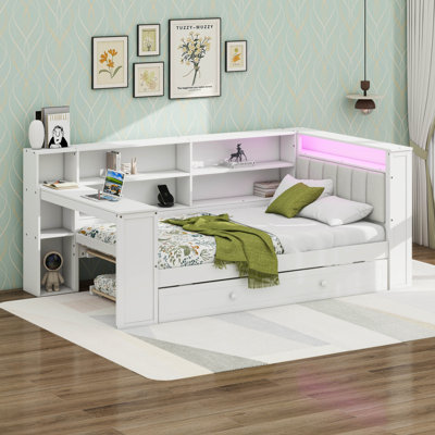 Twin Size Daybed With Trundle, Storage Shelves And Desk, Wood Corner Bed With Upholstered LED Headboard And Charging Station