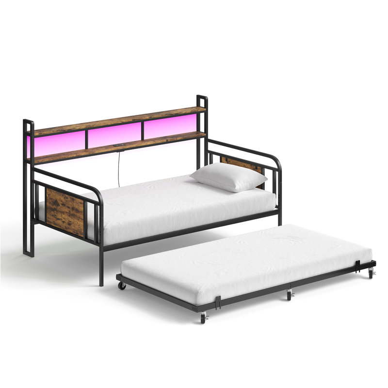 Twin Daybed with Trundle, Double Storage, Charging Station and LED Lights