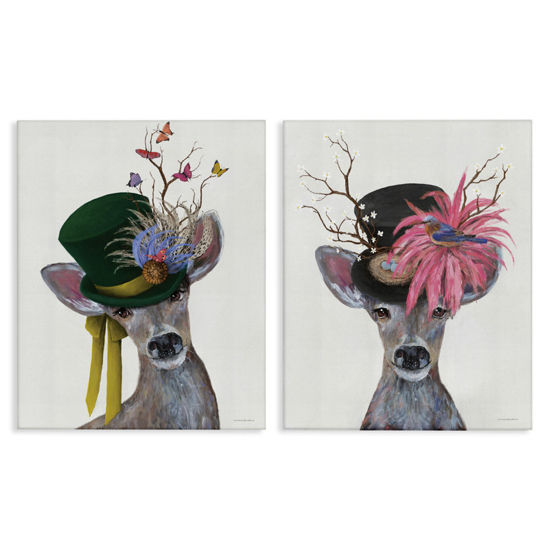«Dapper Deer Floral Top Hat», ensemble de 2 toiles murales par Kamdon Kreations, H 30 po x l 24 po