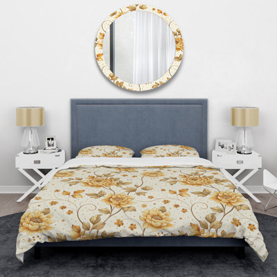 Ivory Gold Flower Blooms - Glam Duvet Cover Set