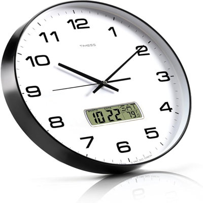Wall Clock, 14" Large Dial Non-Ticking Silent Battery Operated Analog With LCD Display For Perpetual Calendar And F° Temperature, Ideal Modern Home, Bedroom, Office Decor (Black)