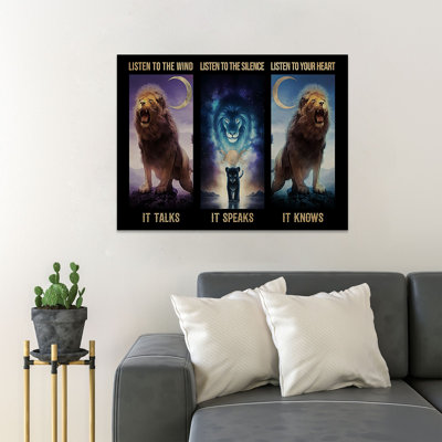 Trois images de lions - Écoute du vent - Reproduction d'art graphique sur toile tendue 1 pièce