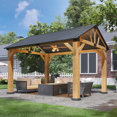 Pavillon de jardin permanent en bois 12 pi x 10 pi avec toit en acier galvanisé à pignon, pour patio, jardin, cour arrière