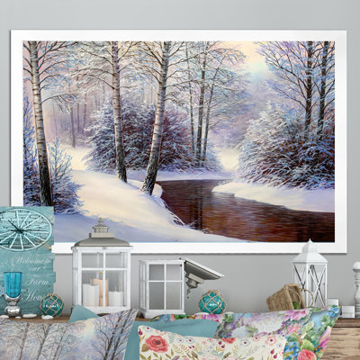 Forêt de Noël avec rivière II - art mural traditionnel sur toile