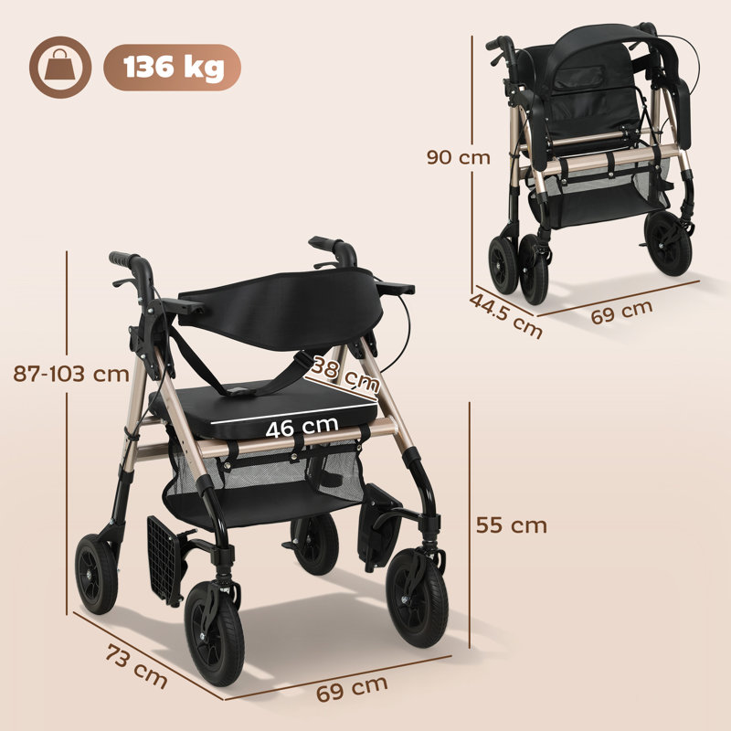 103cm H x 69cm W Rollator Walker, Black
