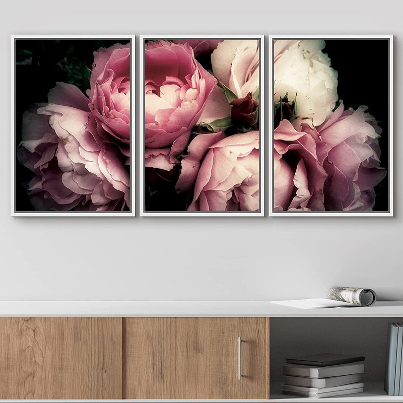 Large Framed Geometric Pink and White Peony Canvas Print Set