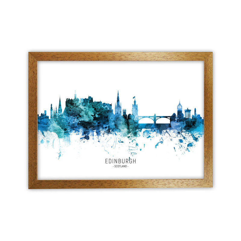 Edinburgh Scotland Skyline Blue City Name by Michael Tompsett - Print, Oak Framed, 25cm H x 34cm W x 3cm D