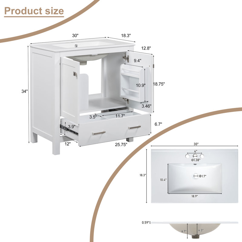 Meuble-lavabo de 30 po avec comptoir en céramique, Blanc